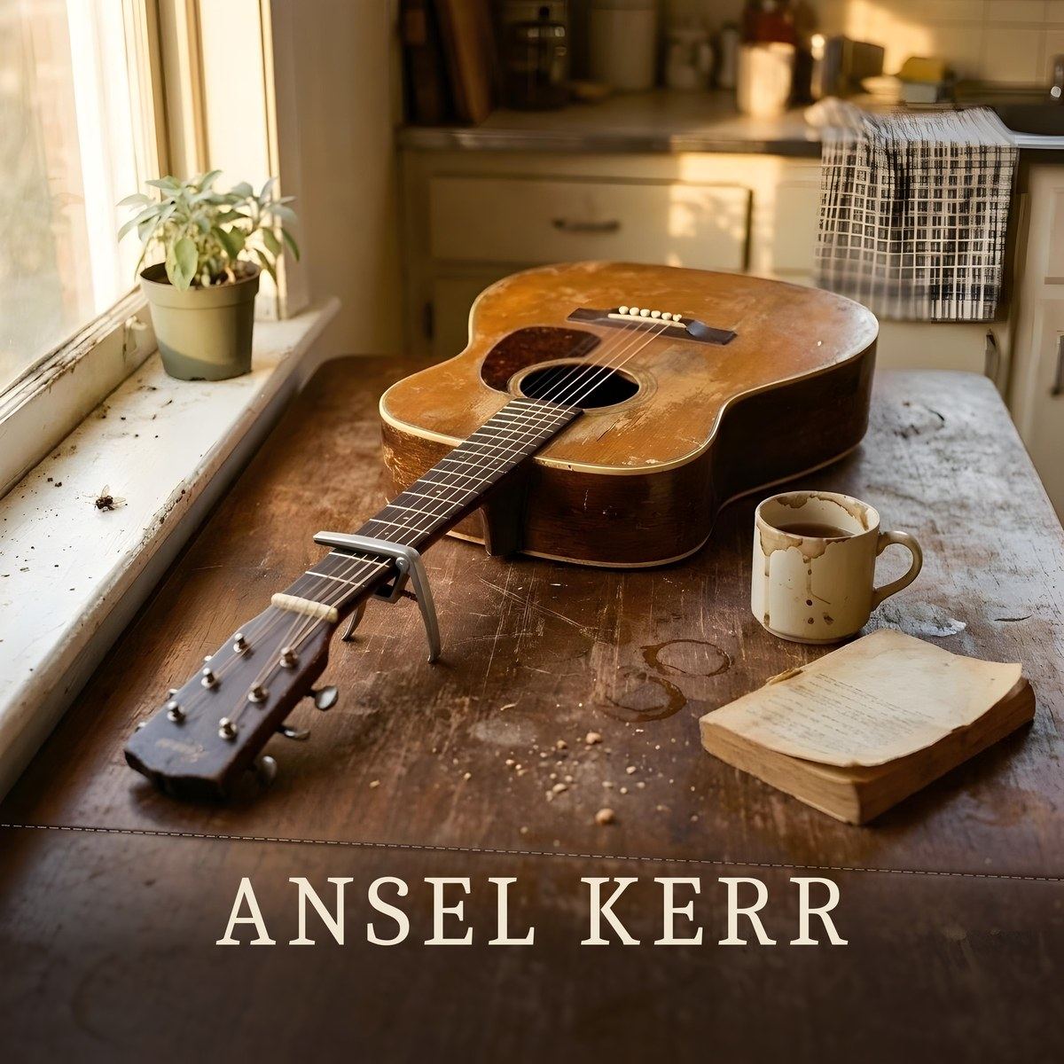 Ansel Kerr cover art: an acoustic guitar laid across a kitchen table in late afternoon light