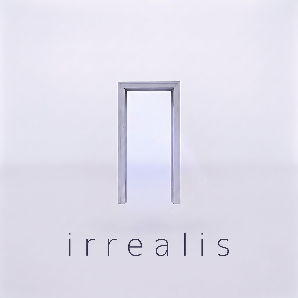 irrealis cover art: a freestanding doorway floating unsupported in a pale violet void, light behind it